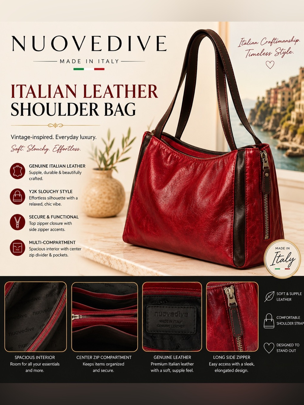 Nuovedive Italian Leather Shoulder Bag Red Brown Y2K Slouch Tote Purse